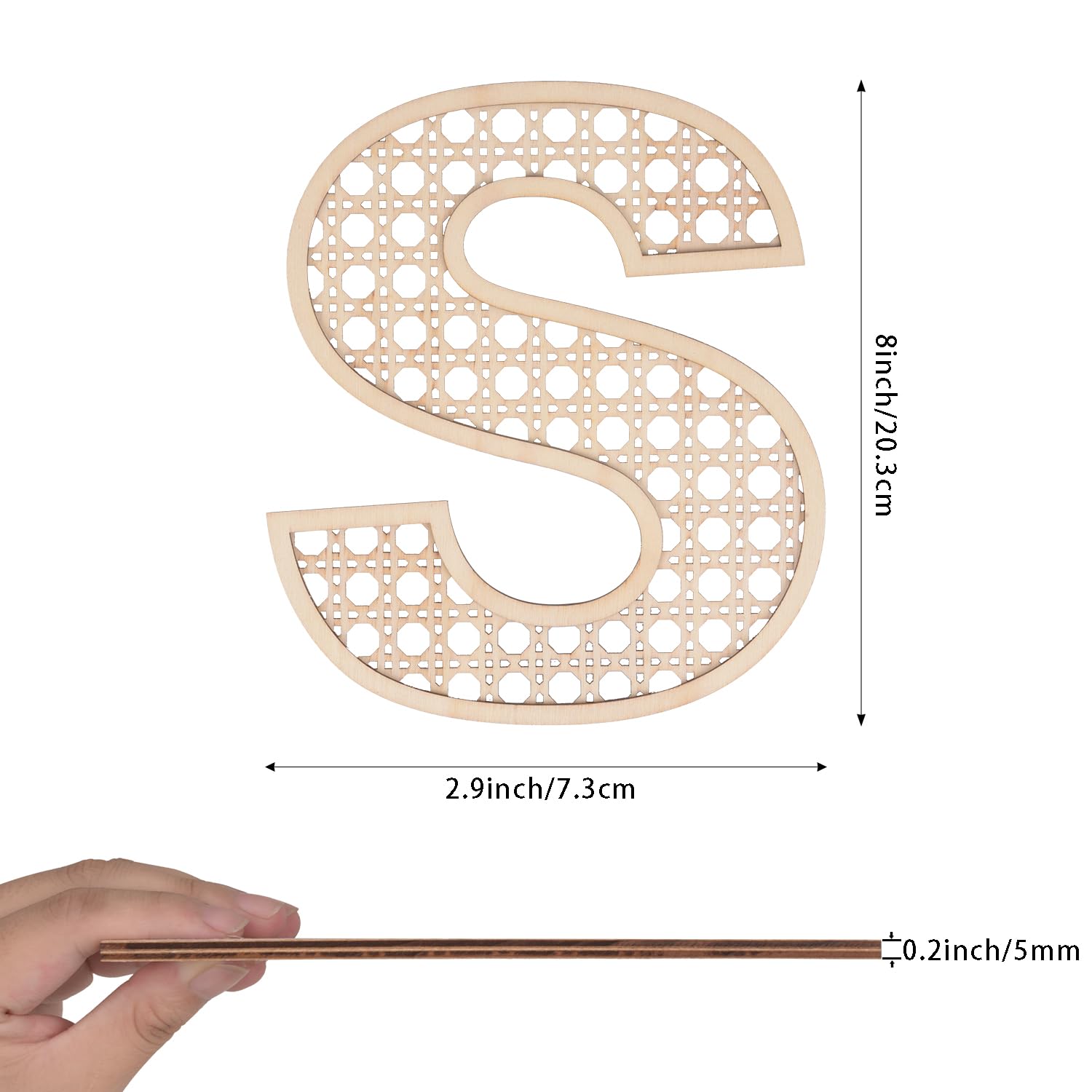 She Love wooden rattan letters 8-inch S side view ideal for showcasing personalized names.