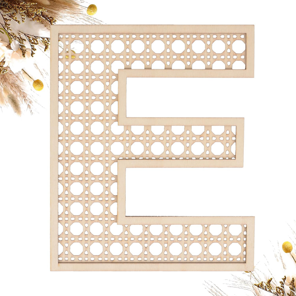 She Love wooden rattan E wall decor for boho nursery signage and personalization.