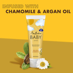 Applying SheaMoisture Baby Lotion to baby's face and body after bath