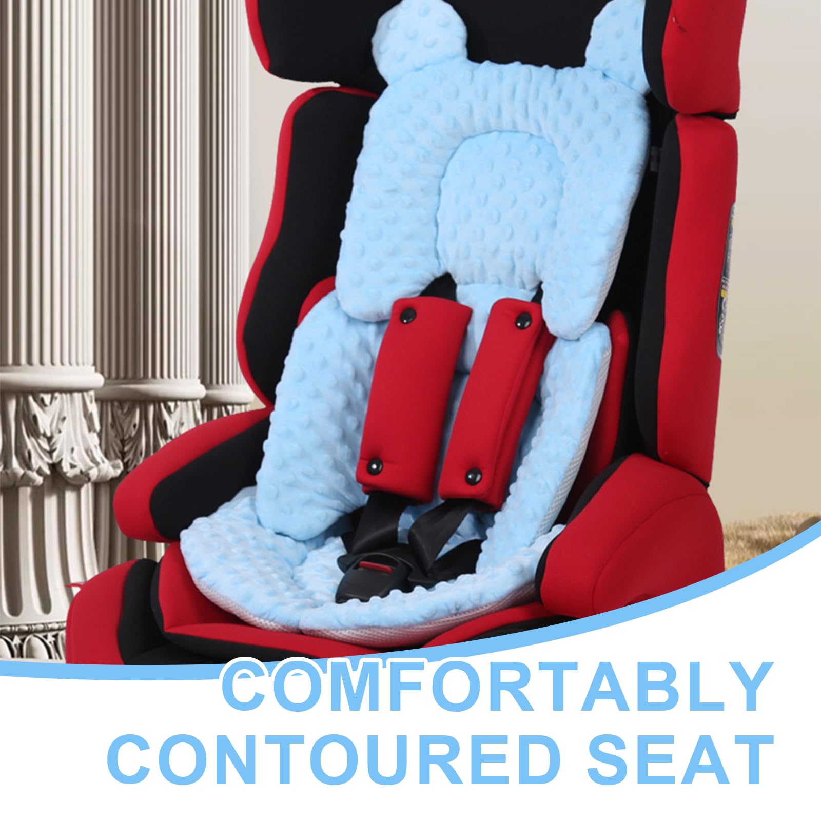 Side profile shows compact design for car seats, strollers, and swings.