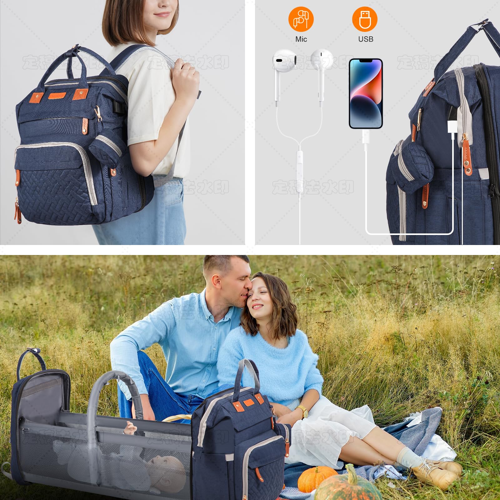 Shengmeister Baby Diaper Bag Backpack with USB charging port for devices.