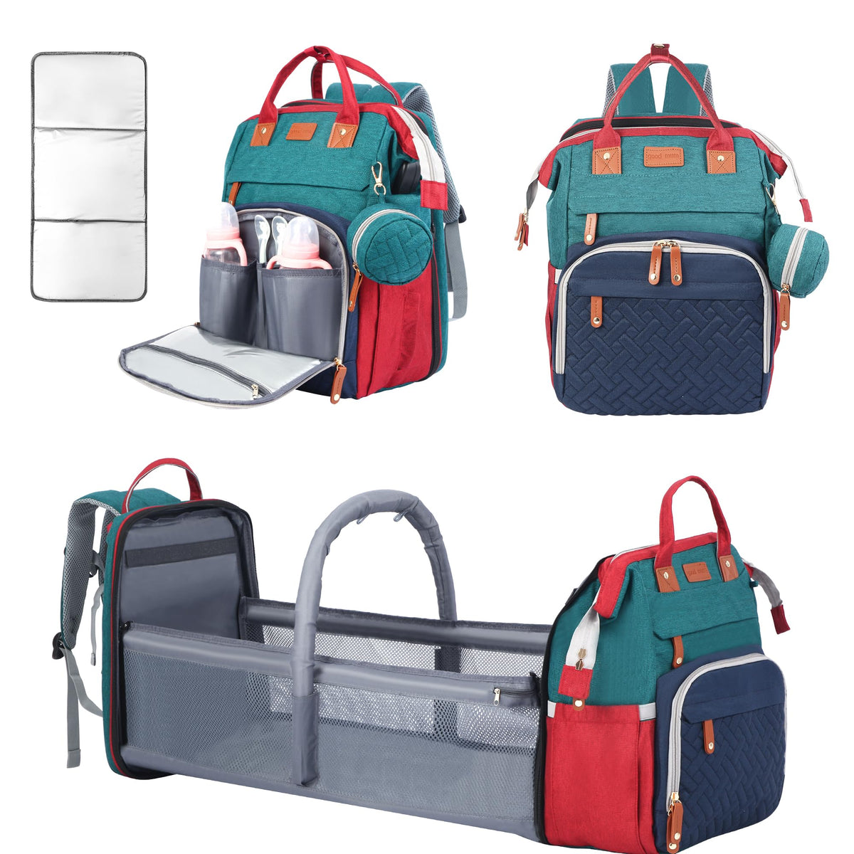 Shengmeister diaper bag changing station with breathable mat for quick, comfortable diaper changes.
