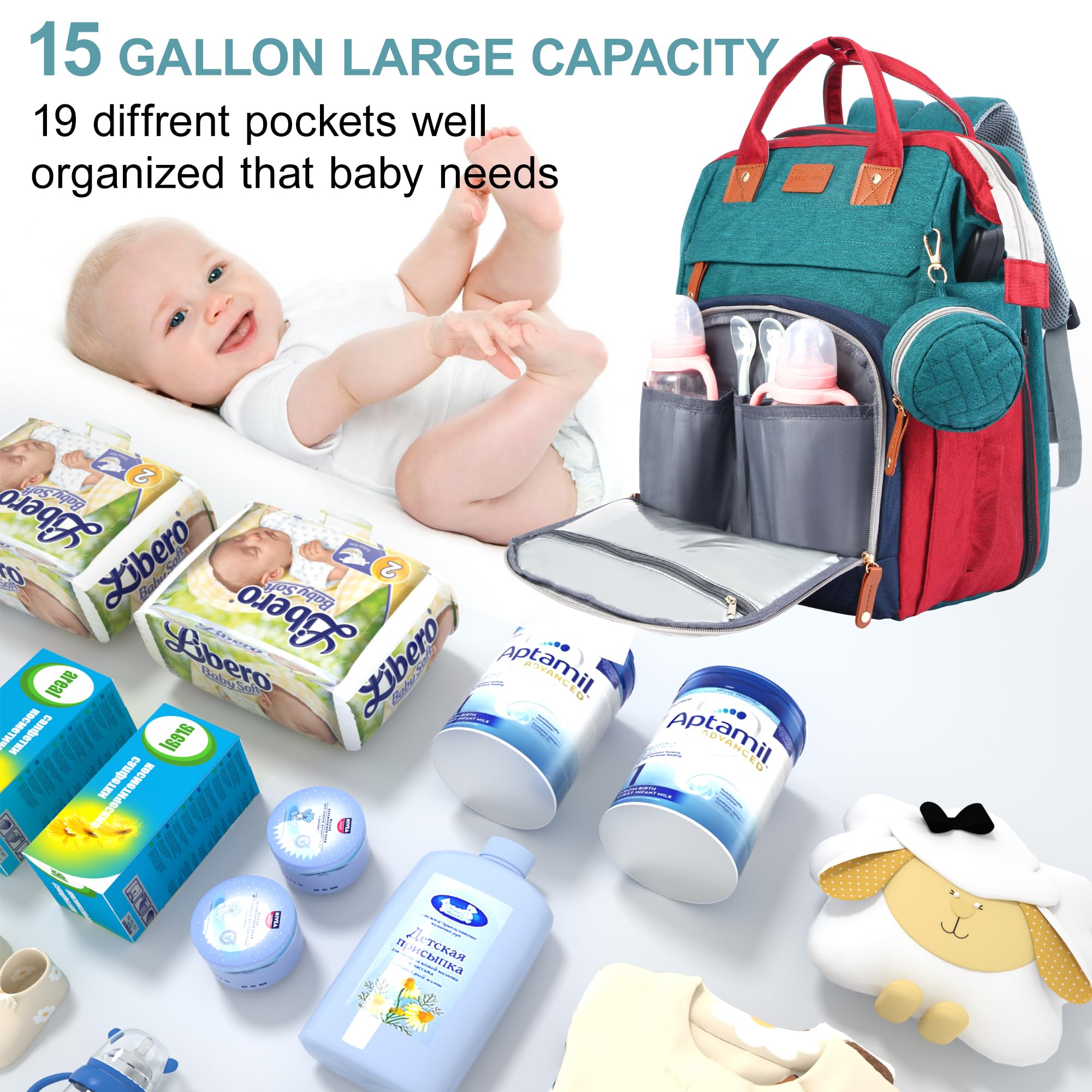 Shengmeister large-capacity backpack organized interior for baby essentials during travel.