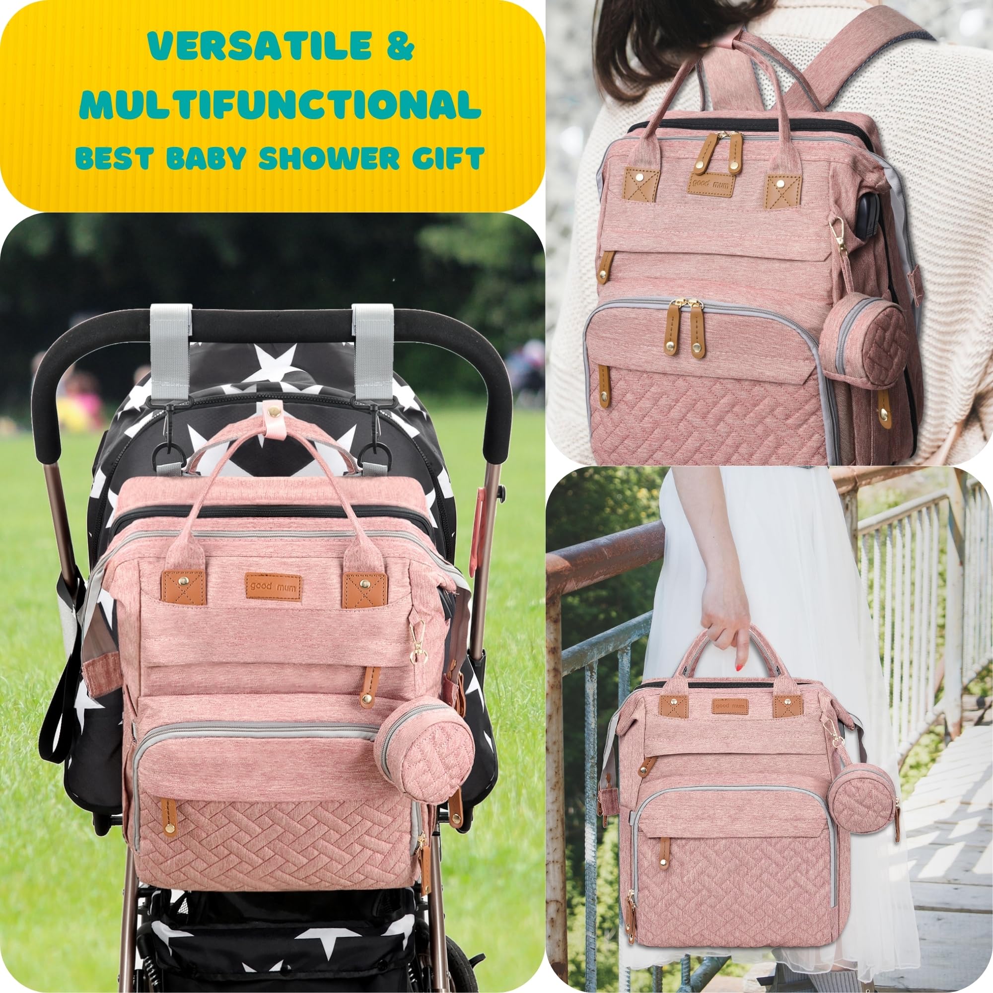 Shengmeister diaper bag pink 19-pocket layout supports tidy storage.