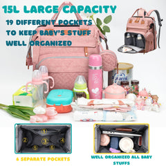Shengmeister diaper bag pink back strap area showing reinforced straps for comfort.