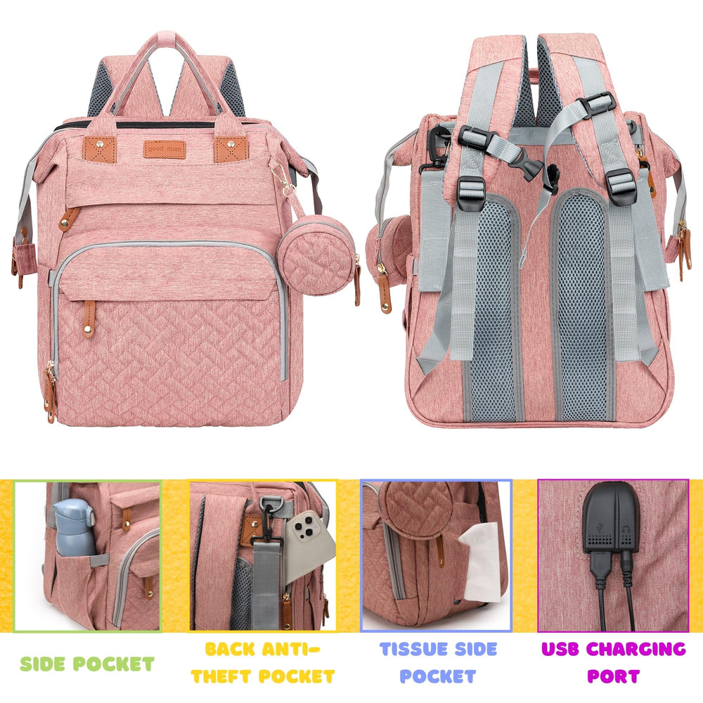 Shengmeister diaper bag pink changing station enables safe diaper changes on the go.
