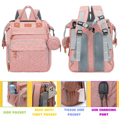 Shengmeister diaper bag pink changing station enables safe diaper changes on the go.
