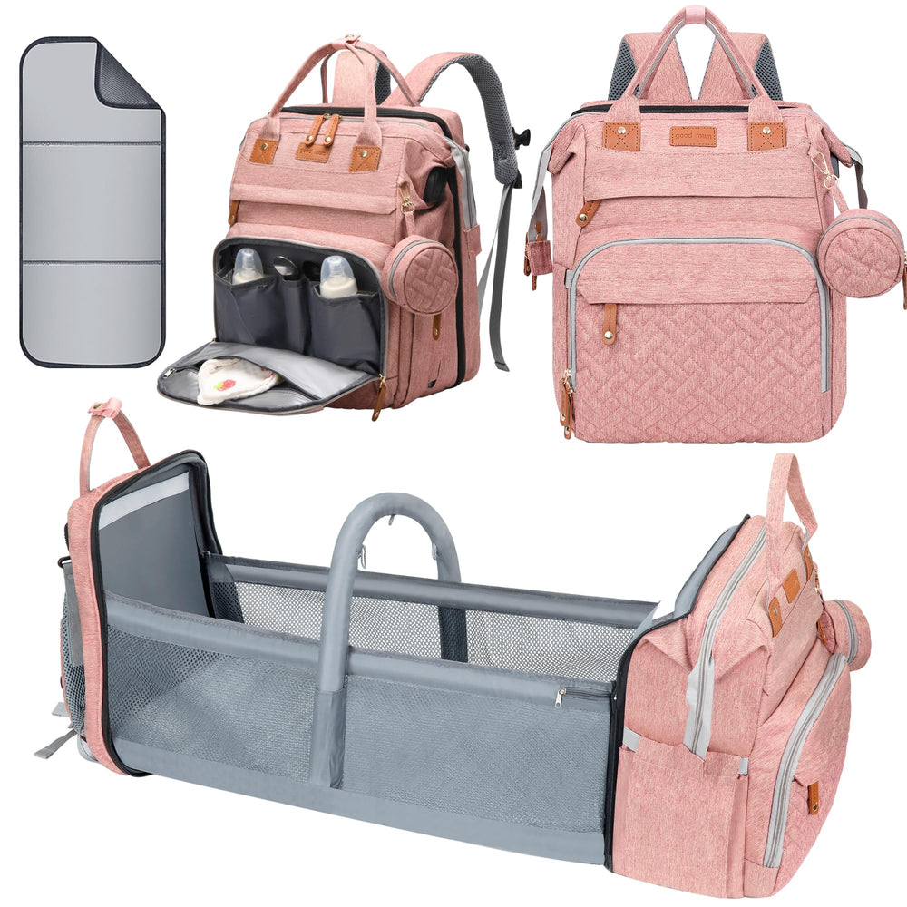 Shengmeister diaper bag pink front view with roomy compartments for essentials.
