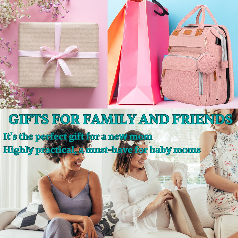 Shengmeister diaper bag pink built-in mattress and pillow aid comfortable changes.