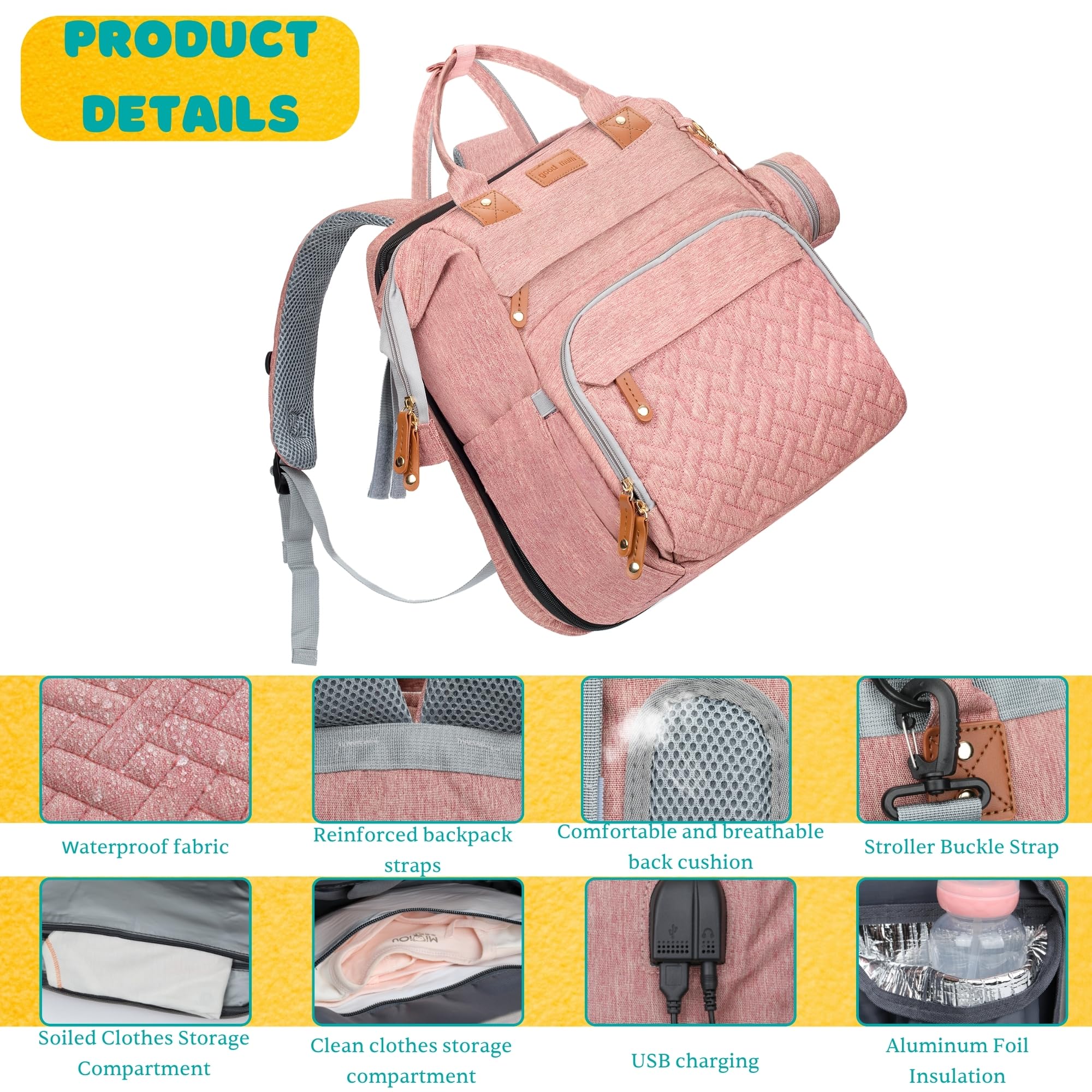 Shengmeister diaper bag pink USB charging port keeps devices ready.
