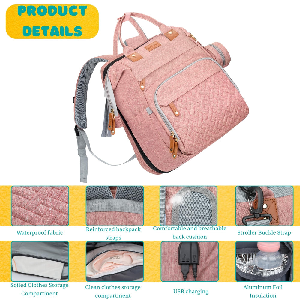 Shengmeister diaper bag pink USB charging port keeps devices ready.