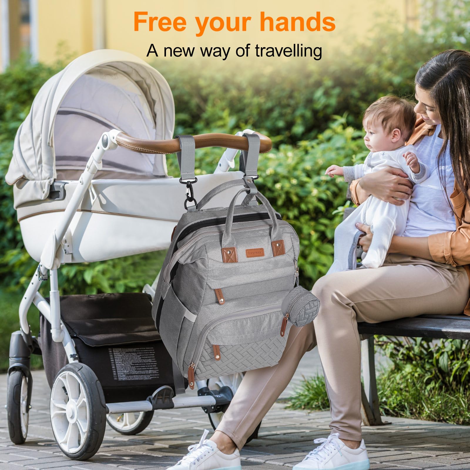 Shengmeister stroller-buckle attachment keeps the bag secure on a stroller