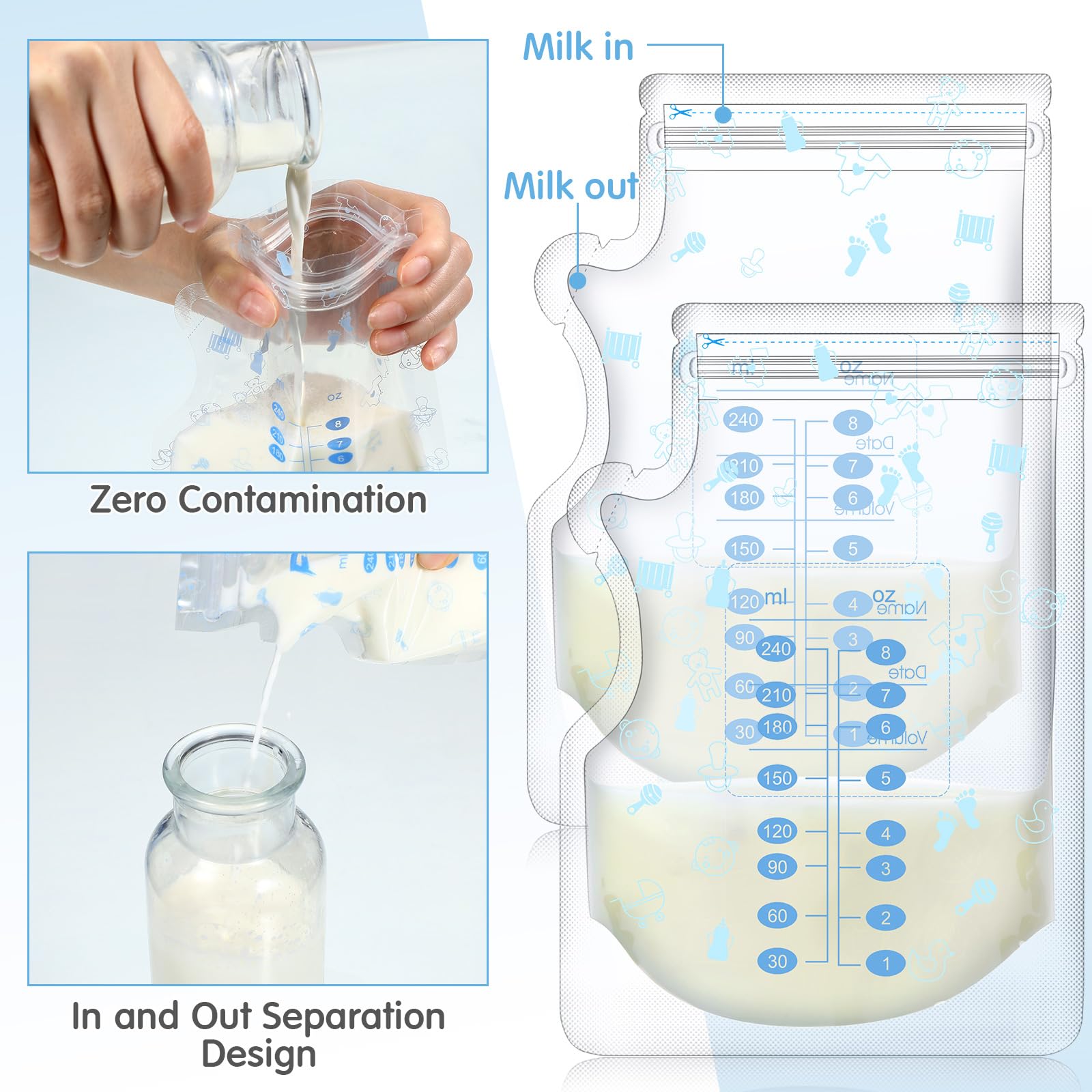 Sherr standing-bottom breastmilk bags stay upright for easy labeling