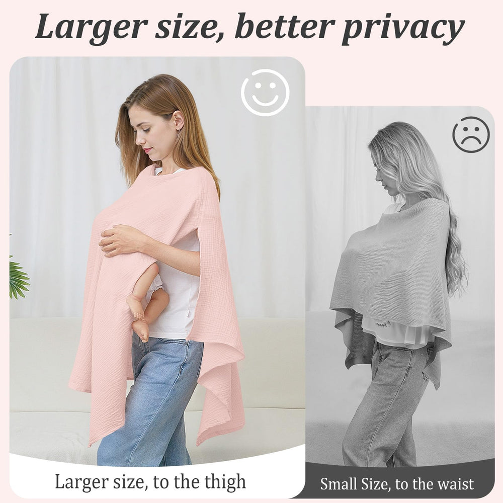 SheSeek Muslin nursing cover offers large coverage for full feeding privacy.