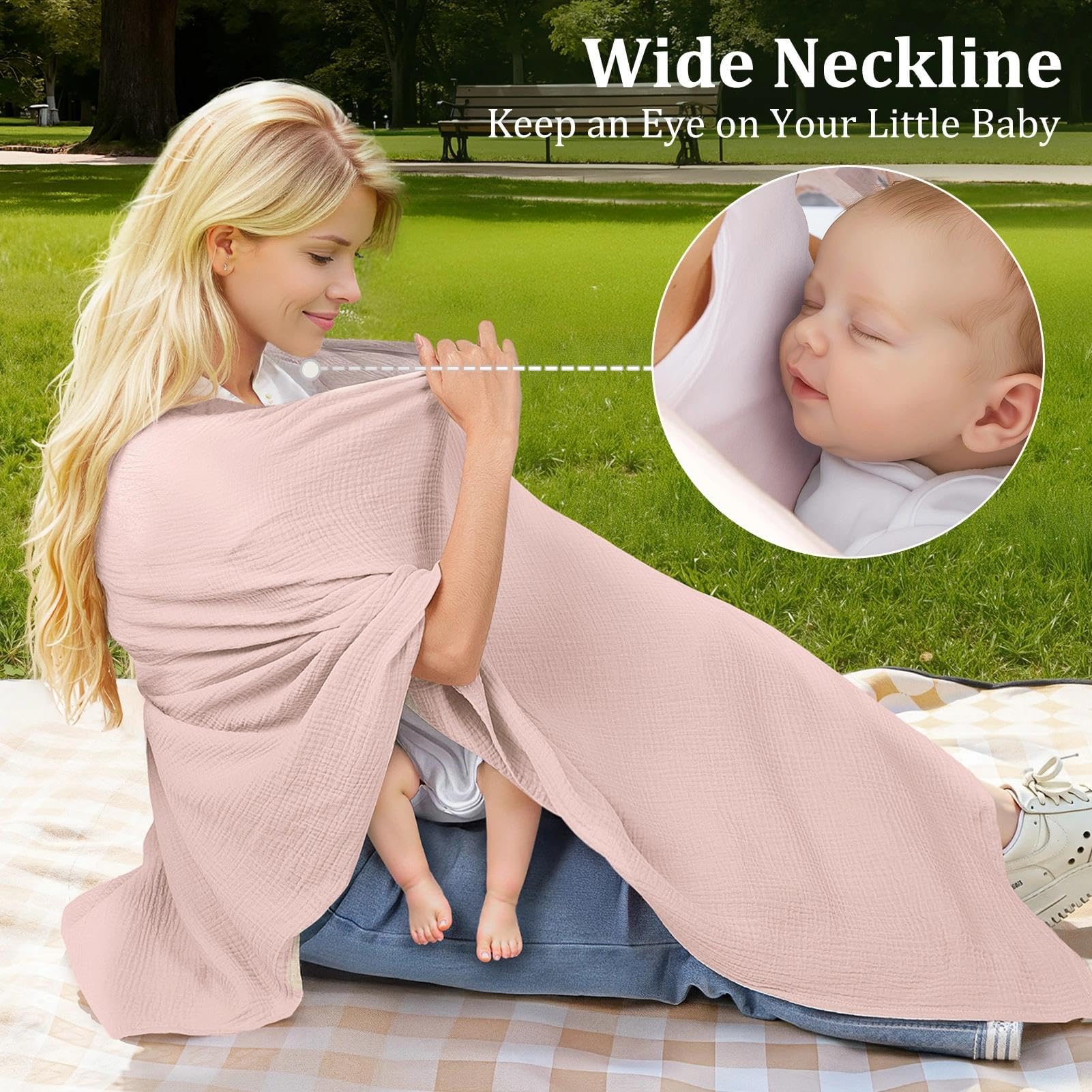 SheSeek Muslin cover doubles as stroller privacy shade outdoors.