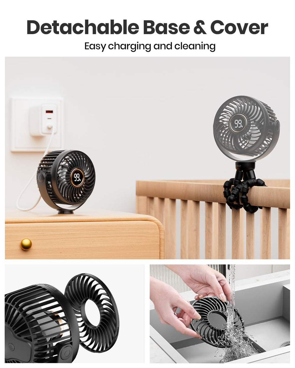 SHEWIND stroller fan with four speed settings for customizable breeze.