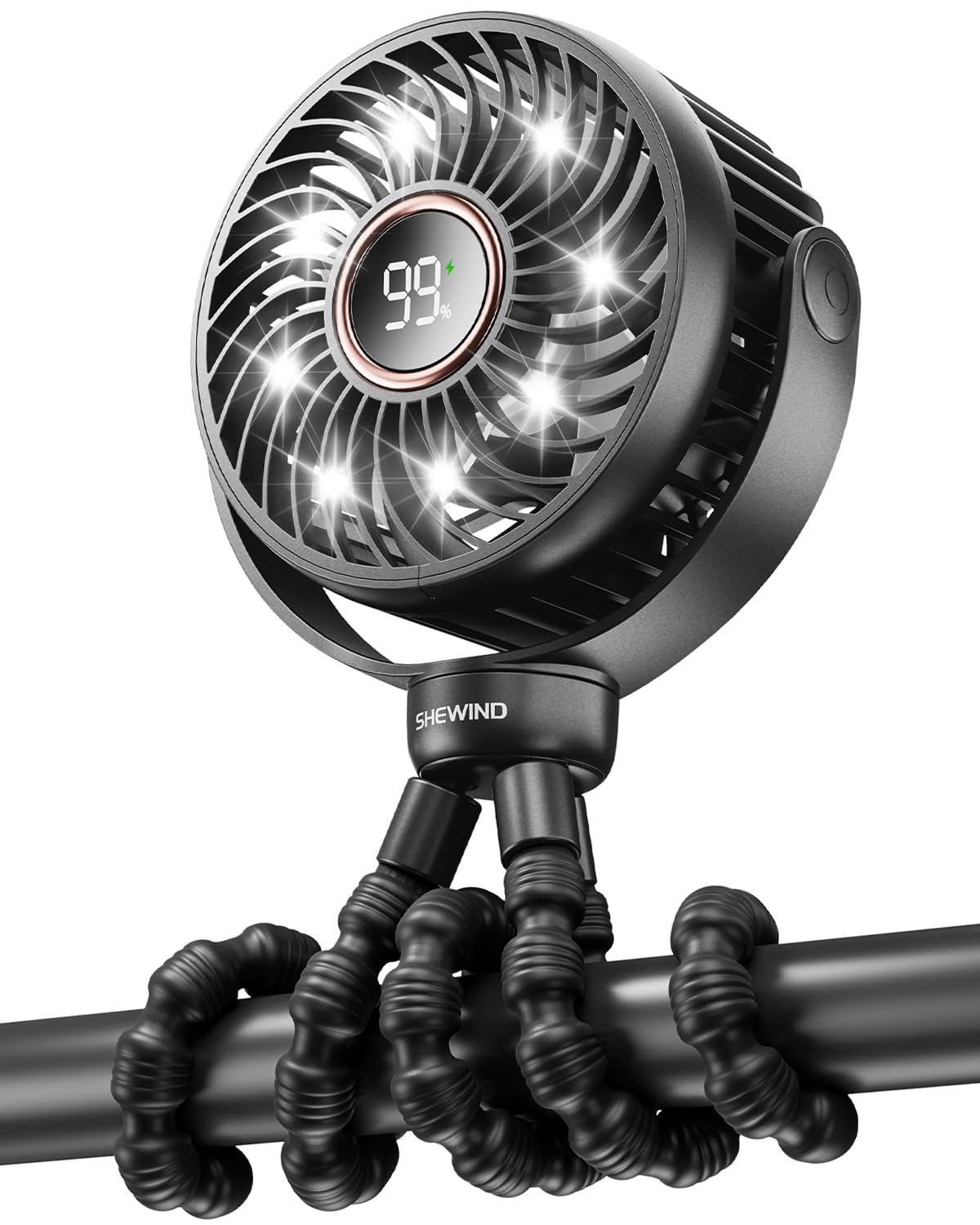 SHEWIND stroller fan clip-on attachment keeps baby comfortable on the go.