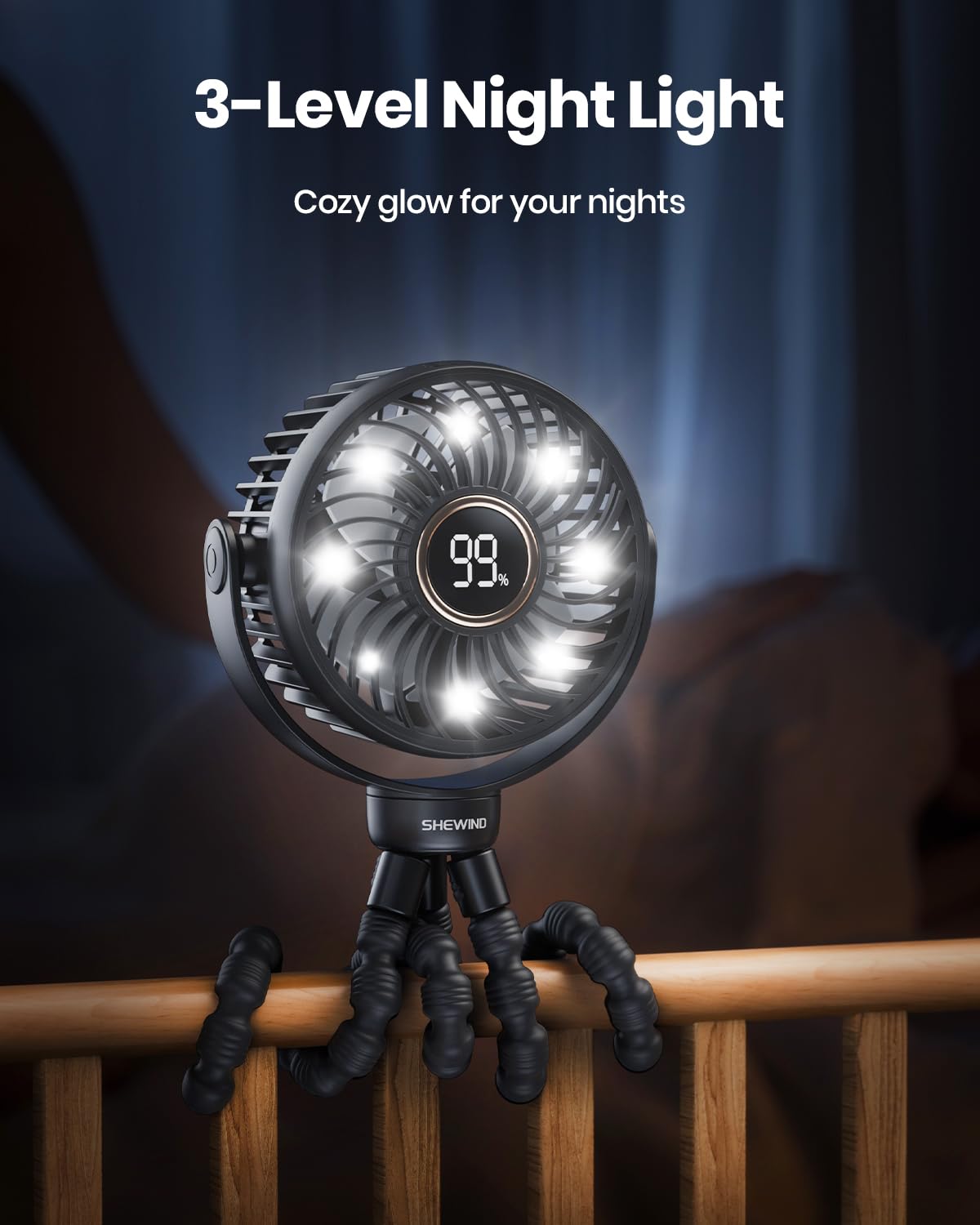 SHEWIND stroller fan night light provides gentle illumination.