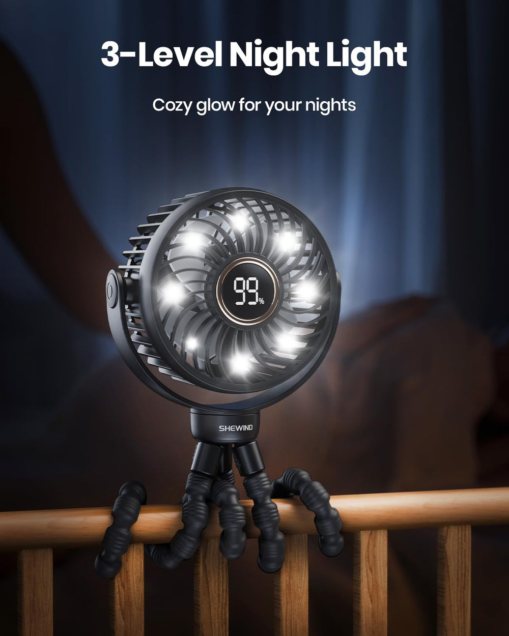 SHEWIND stroller fan night light provides gentle illumination.