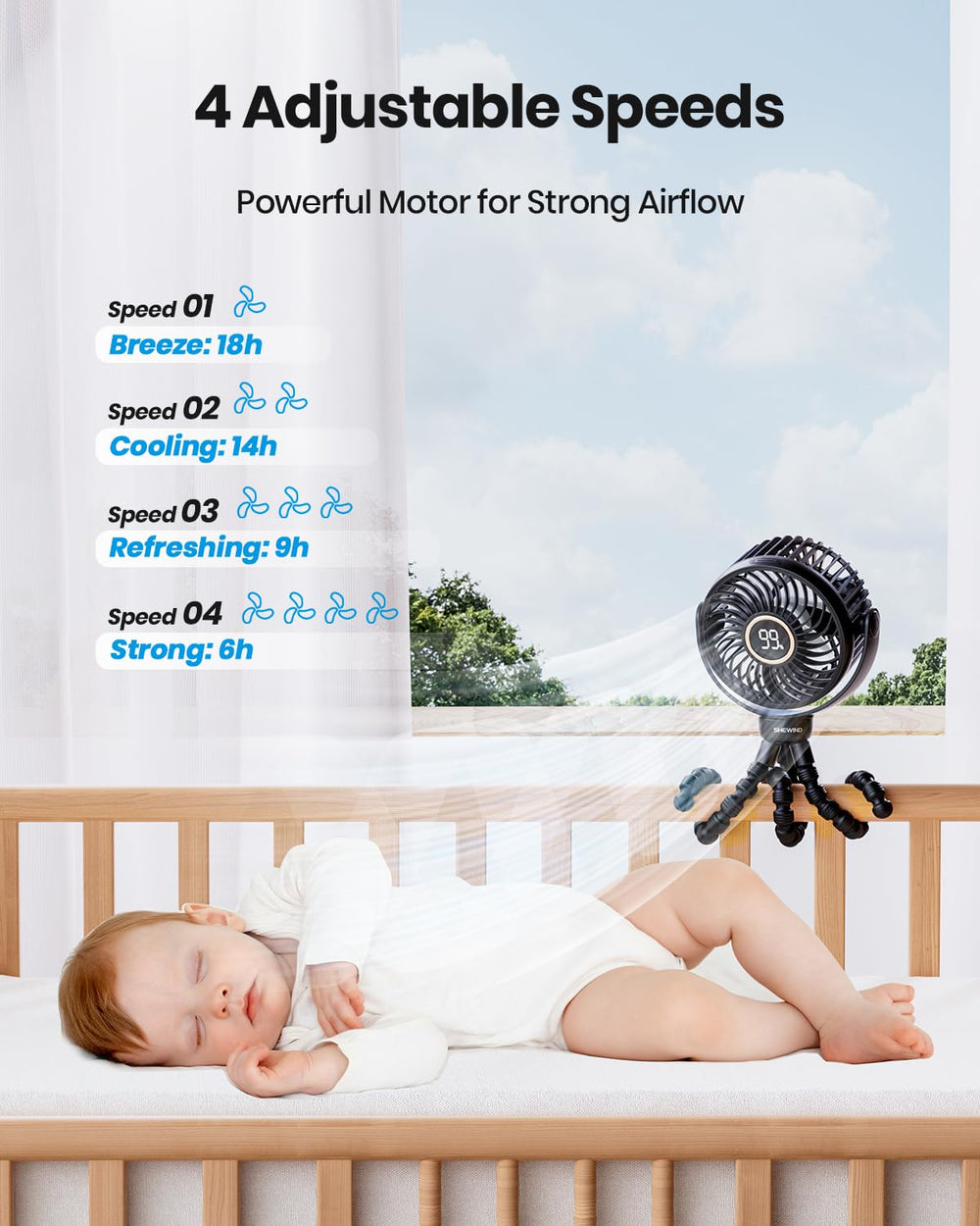 SHEWIND stroller fan operates quietly for peaceful stroller rides.