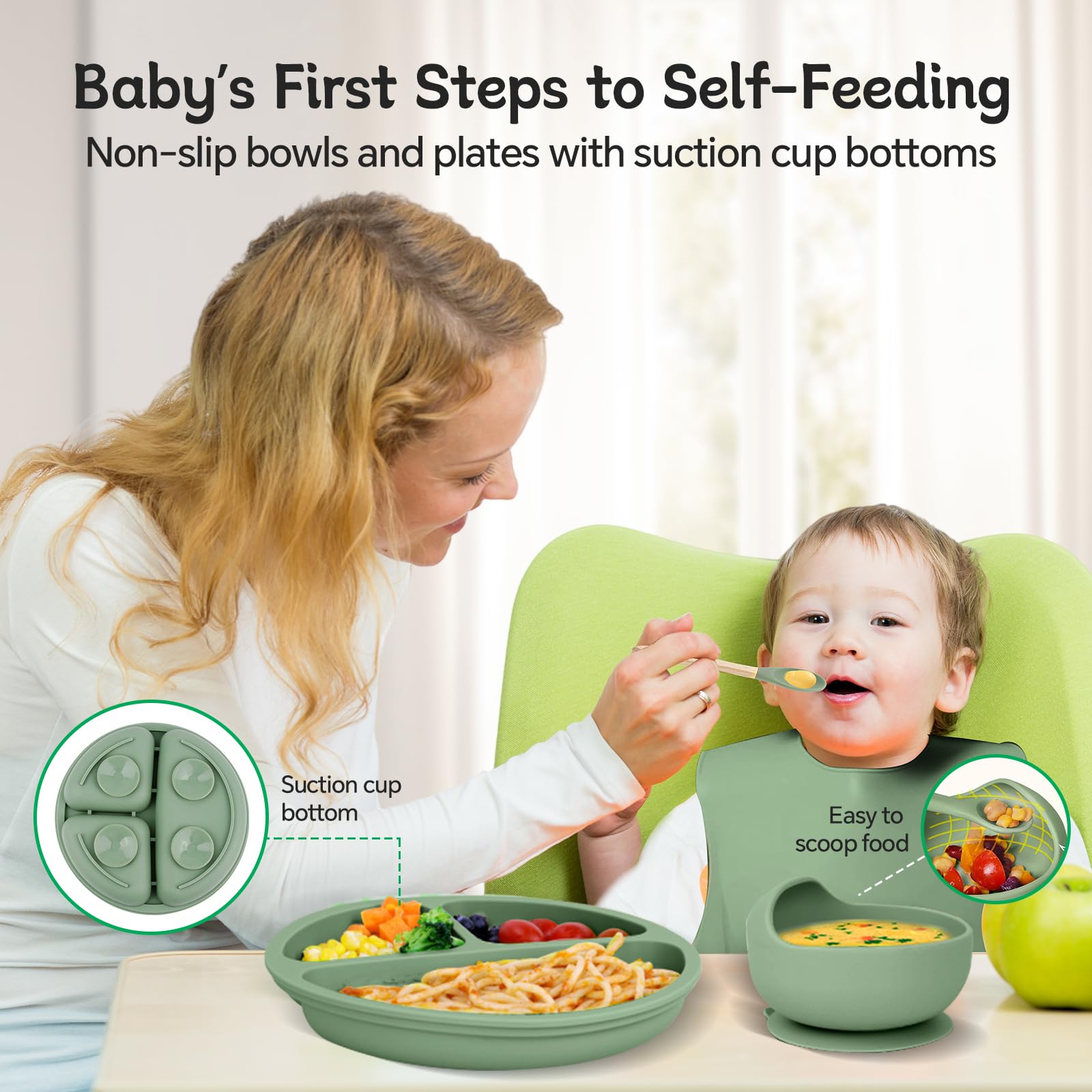 SHGMEET green silicone plates for organized self-feeding practice.