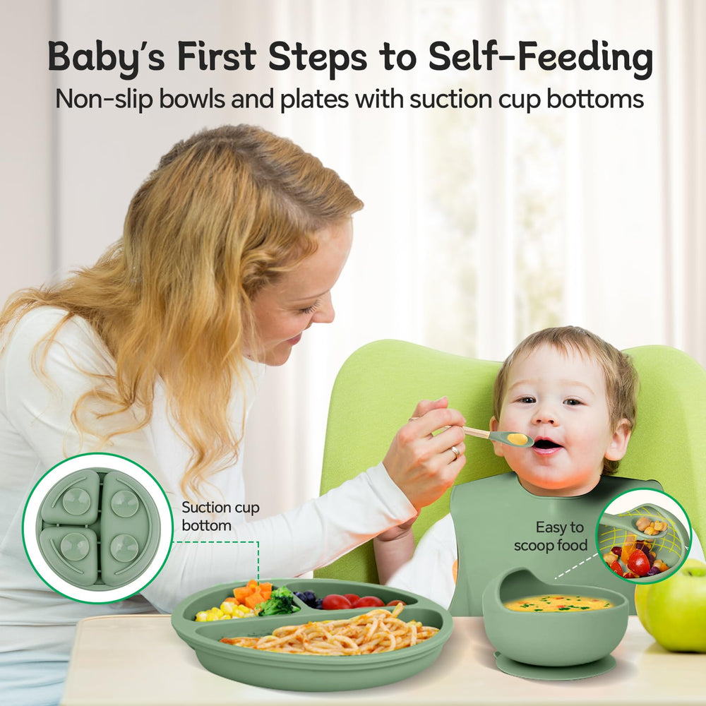 SHGMEET green silicone plates for organized self-feeding practice.