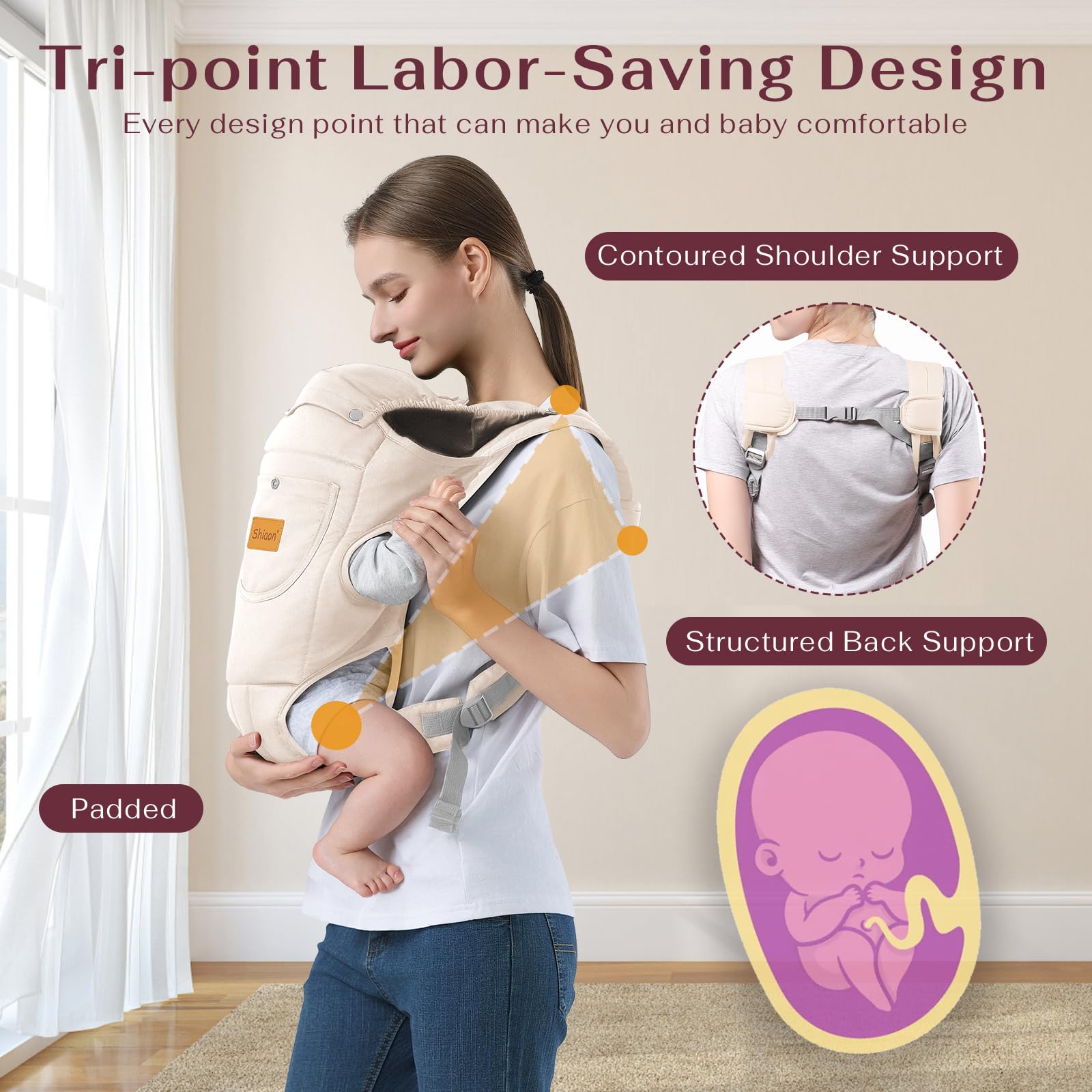 Shiaon baby carrier beige suitable for newborn to toddler use