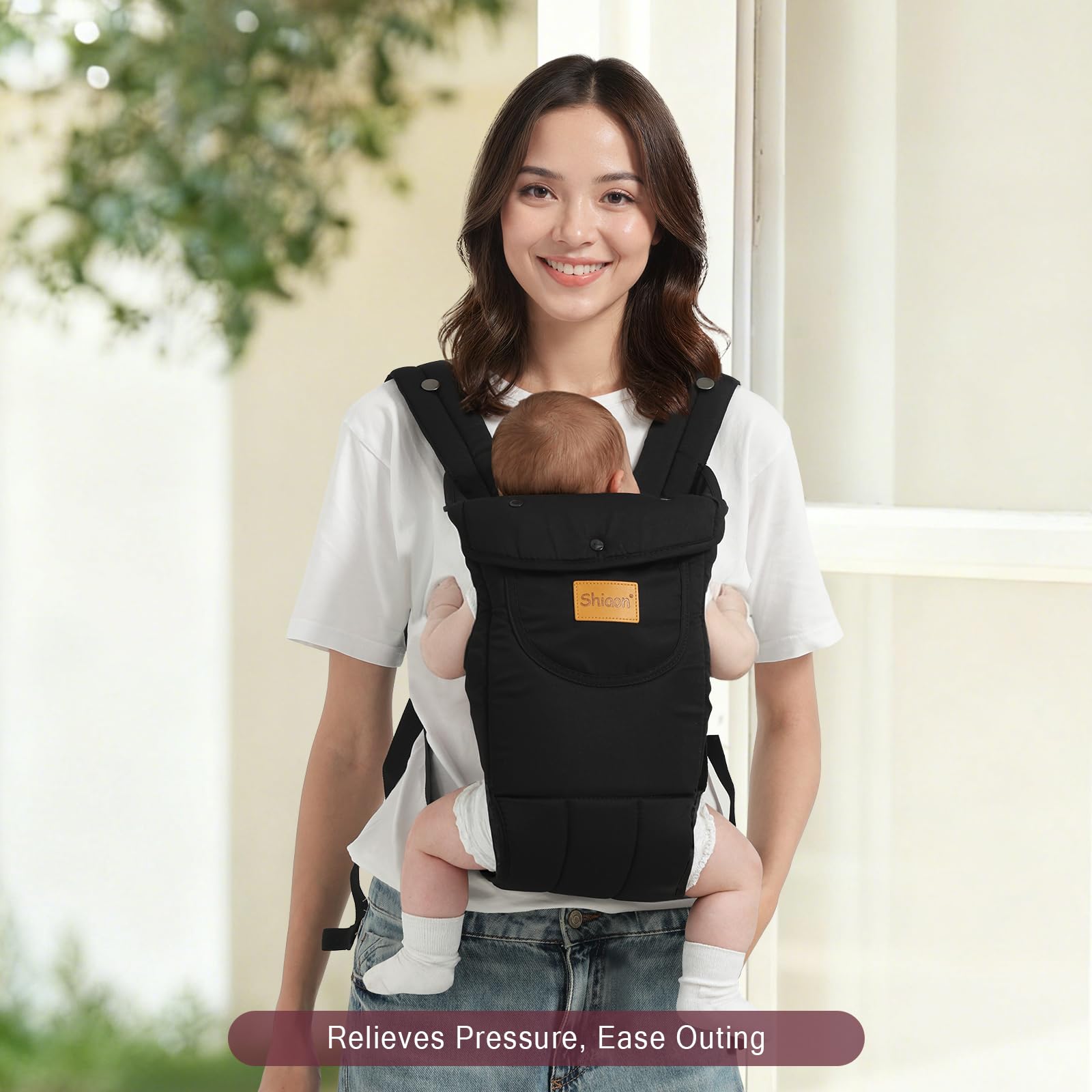 Shiaon black finish baby carrier suitable for everyday outings and easy storage.