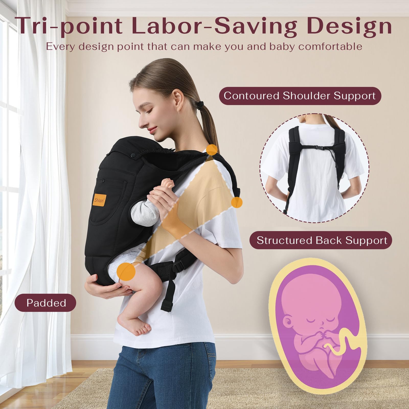 Shiaon M-position hip design promotes healthy hip development and comfortable seating.