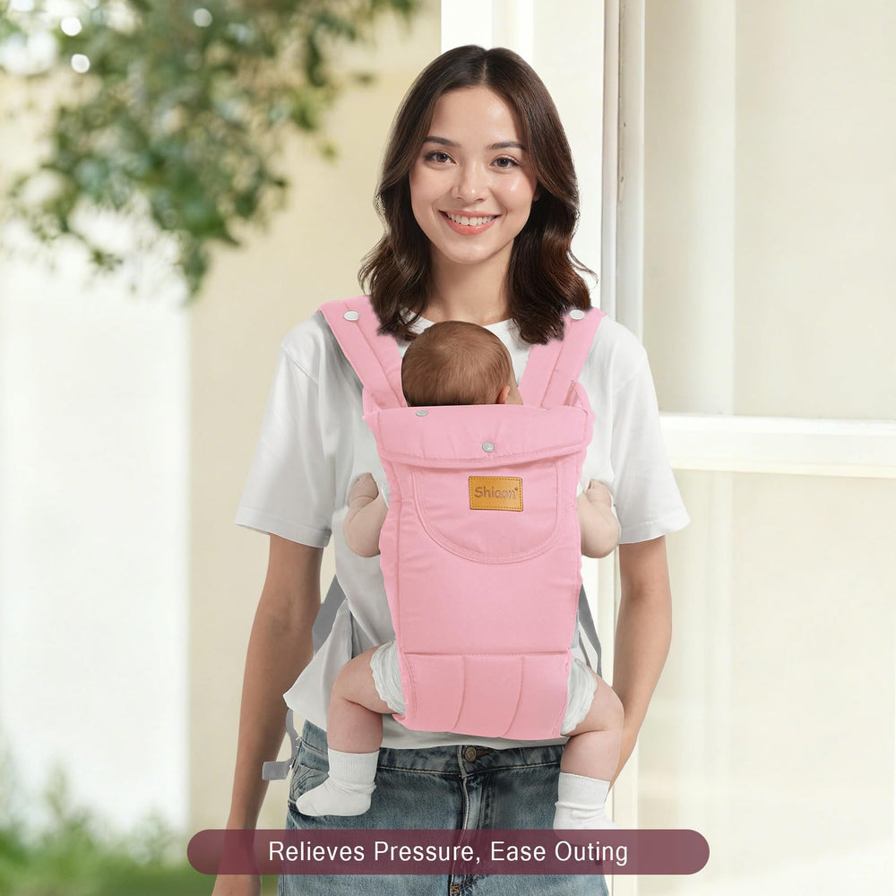 Shiaon pink carrier demonstrates ergonomic design for parent-child outings