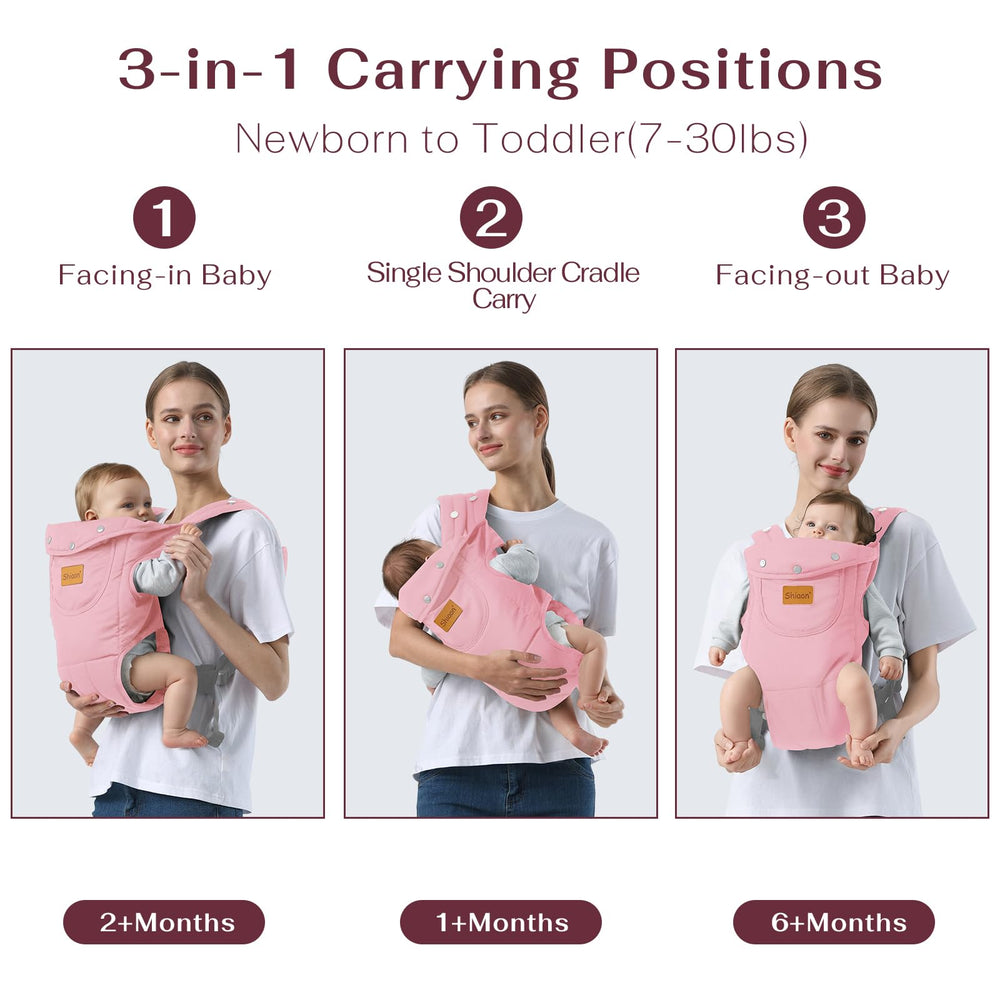 Shiaon pink carrier worn in M-position for hip-friendly support