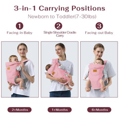 Shiaon pink carrier worn in M-position for hip-friendly support