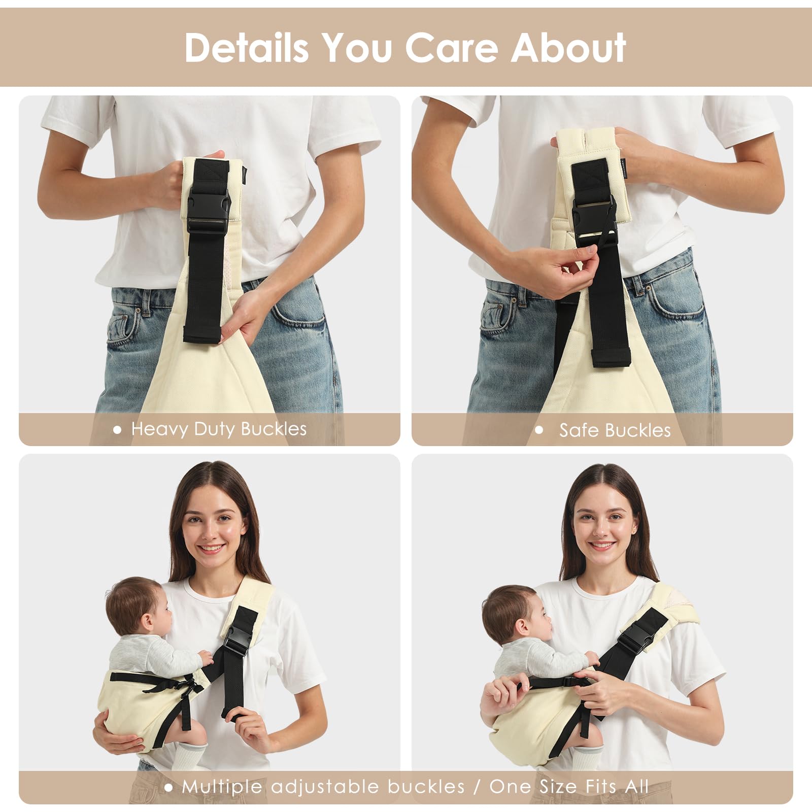 Shiaon sling with adjustable front and back straps for a custom fit.