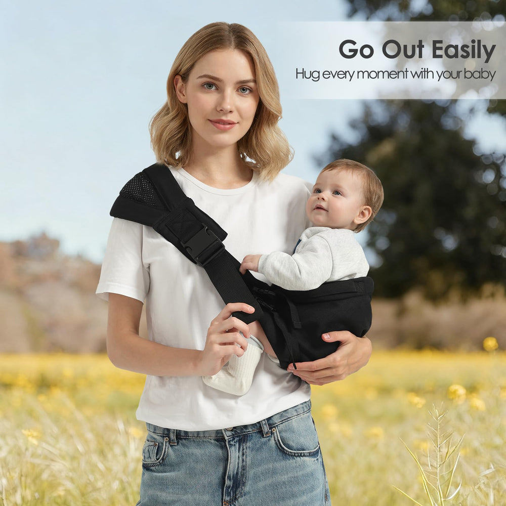 Shiaon sling supports baby’s spine curve with ergonomic seating.