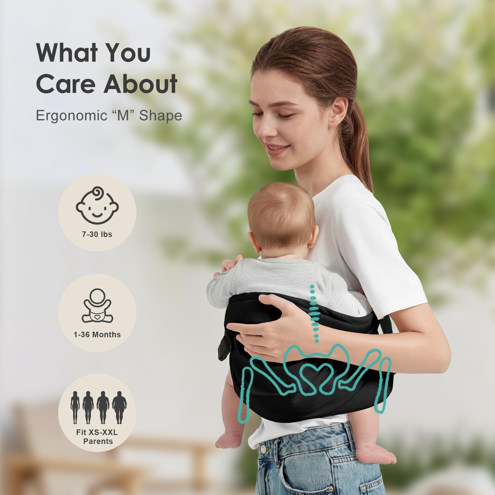 Shiaon Baby Sling Carrier weight distribution highlights even load on shoulders and hips.