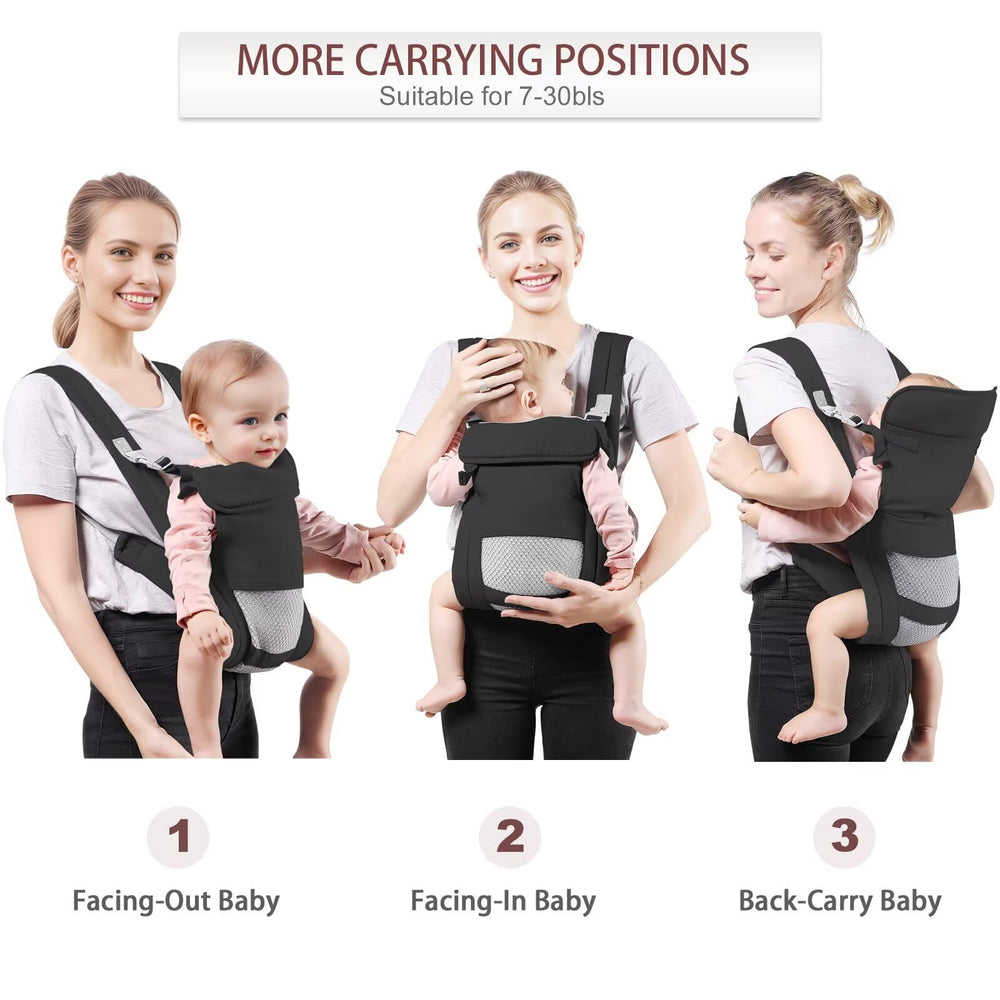 Shiaon infant carrier showing ergonomic M-position for hip-friendly seating.