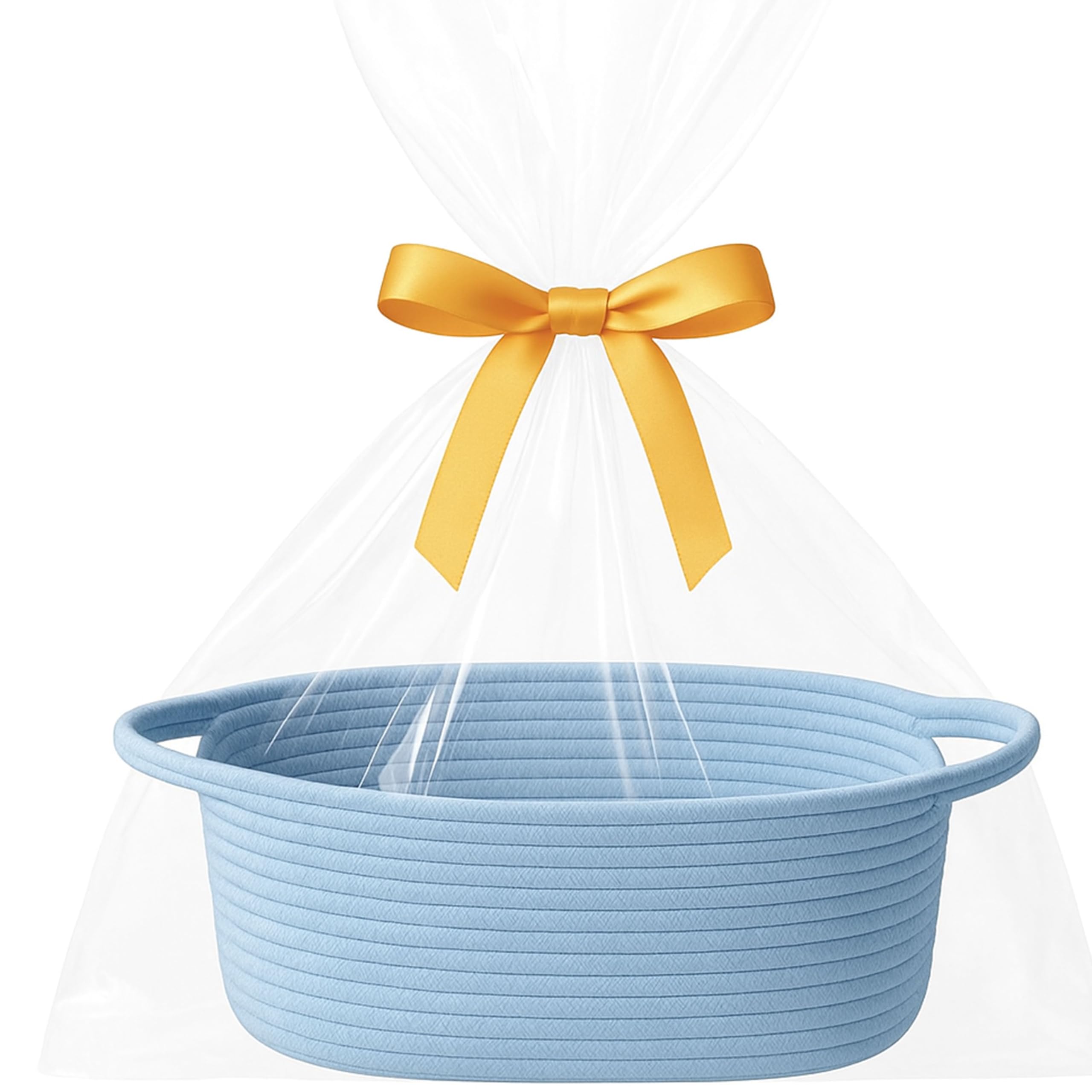 Shimmer Anna Shine light-blue woven gift basket with clear gift bag, ideal for baby gifts or storage