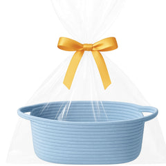 Shimmer Anna Shine light-blue woven gift basket with clear gift bag, ideal for baby gifts or storage