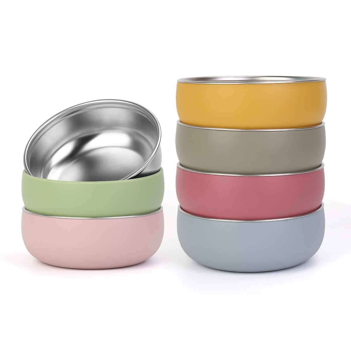 ShineMe stainless steel bowls with removable silicone sleeves for safe handling.