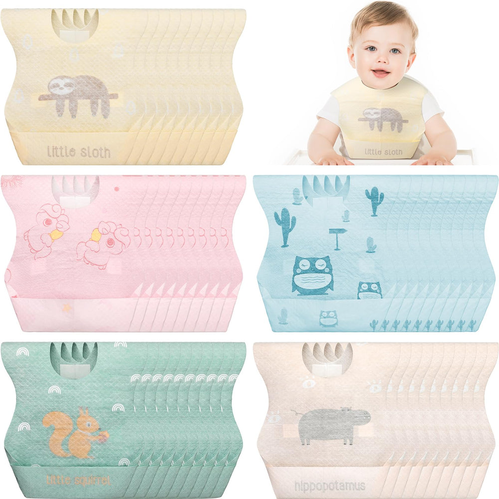 Shinymoon disposable baby bibs travel pack with colorful patterns for mess-free outings