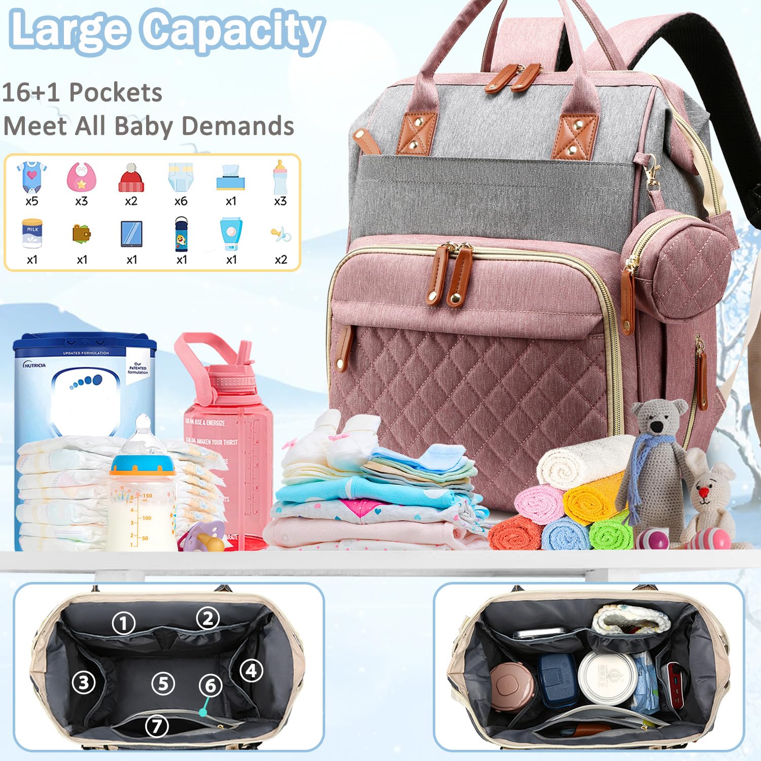 SHITIESHOU diaper bag backpack with 16-pocket layout supports organized baby items
