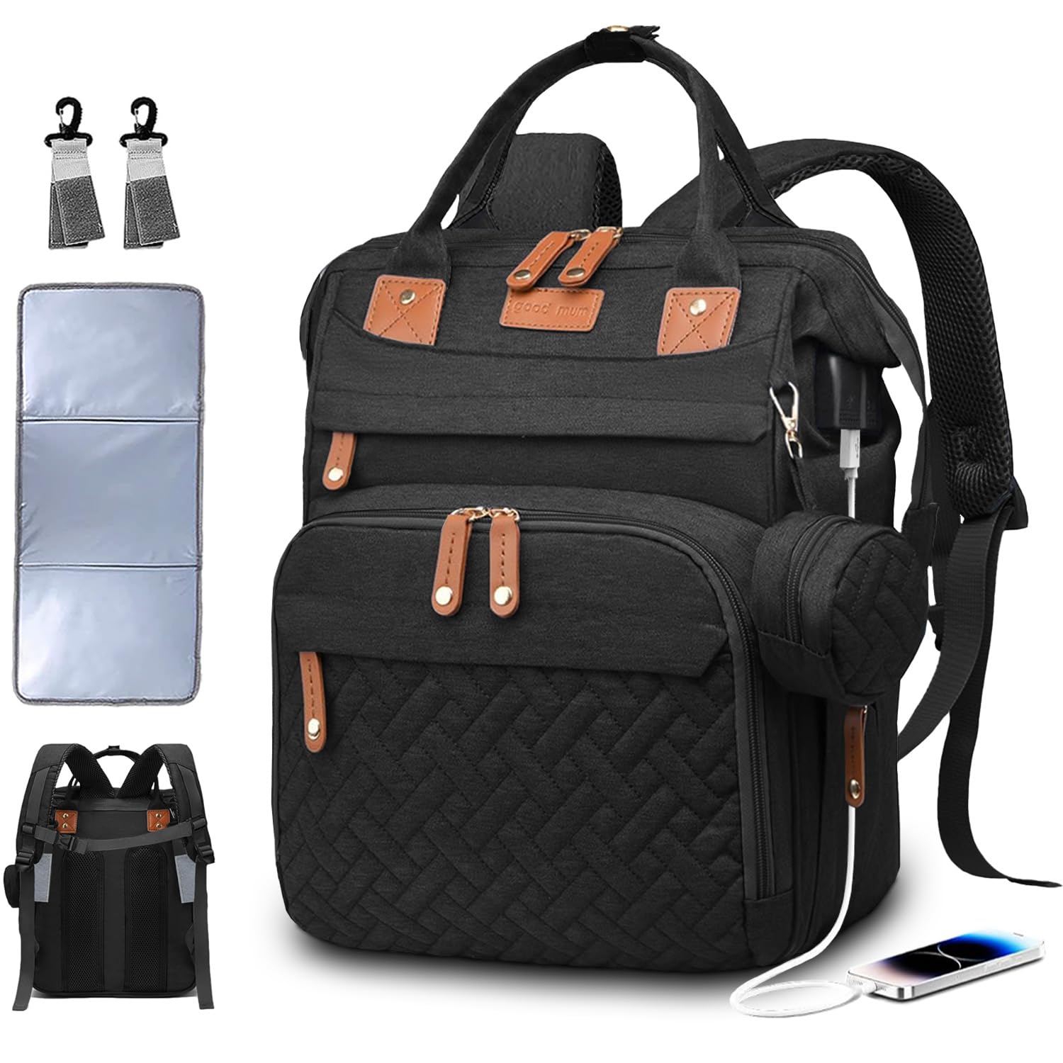 SHITIESHOU diaper bag backpack with a roomy main compartment for baby and mom's items.