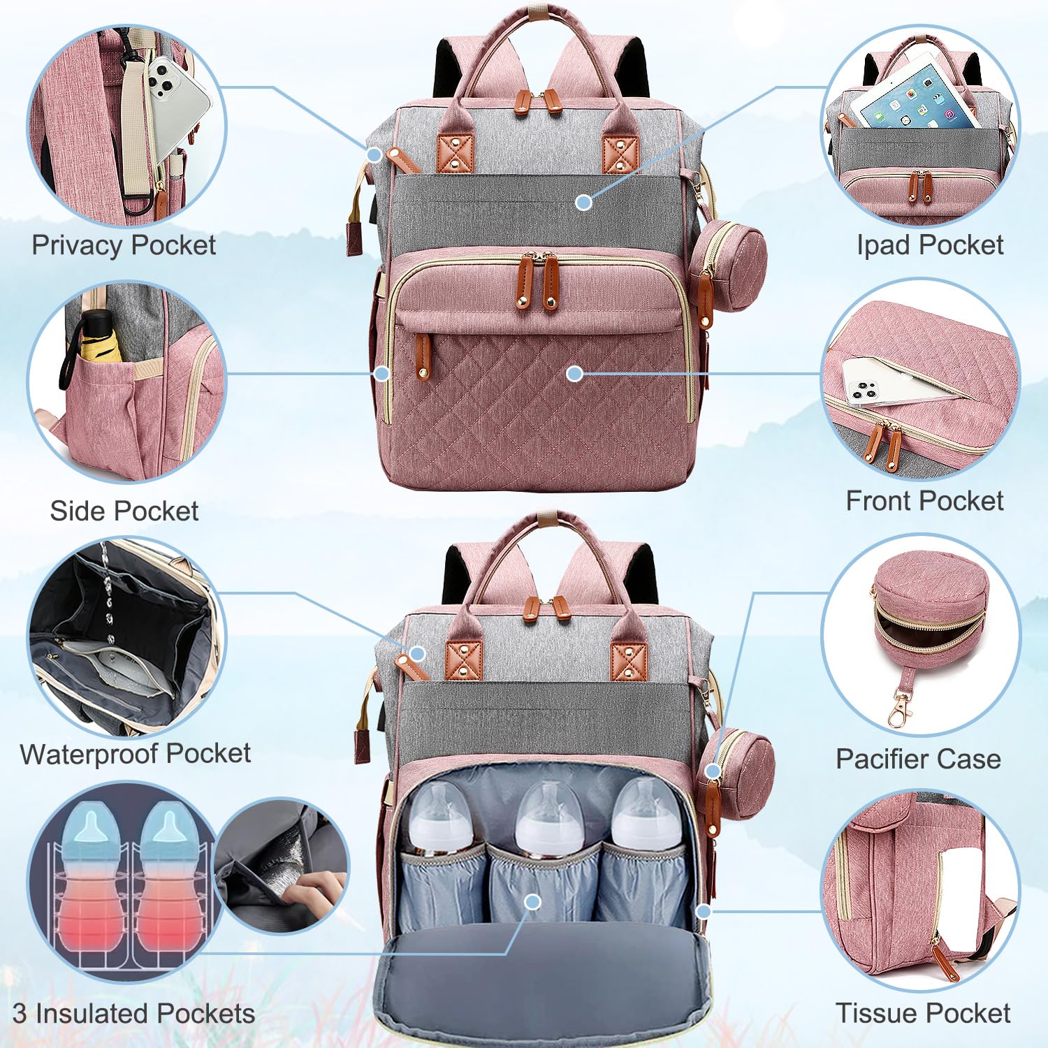 SHITIESHOU diaper bag backpack pacifier case included for quick pacifier access