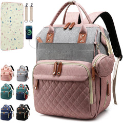 SHITIESHOU diaper bag backpack pink-grey front view for easy access on outings