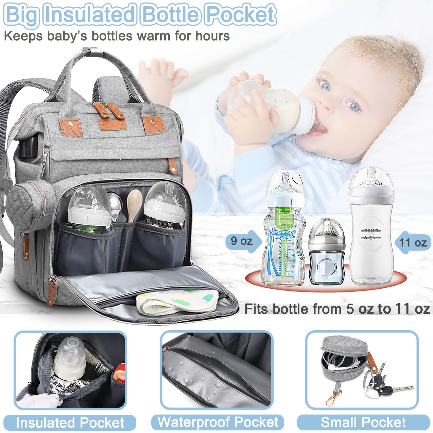 SHITIESHOU diaper bag insulated bottle pocket keeps drinks warm on the go.