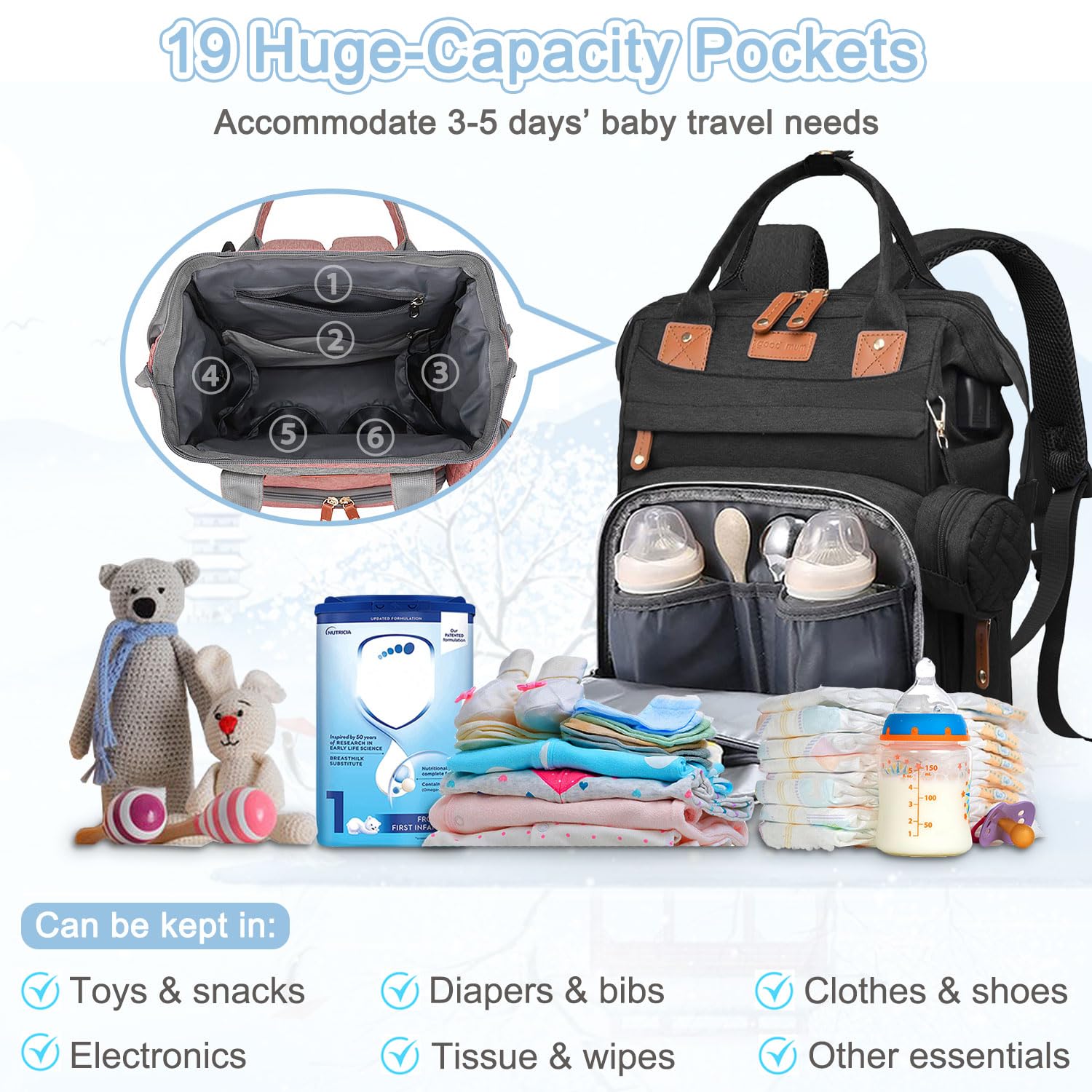 SHITIESHOU insulated pockets keep bottles warm during outings.