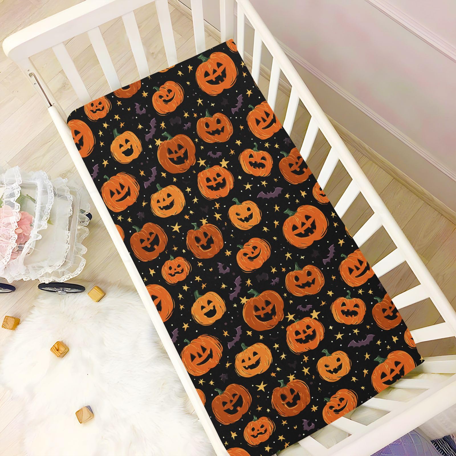 SHJI baby crib sheet pumpkin pattern brightens nursery with easy care fabric.