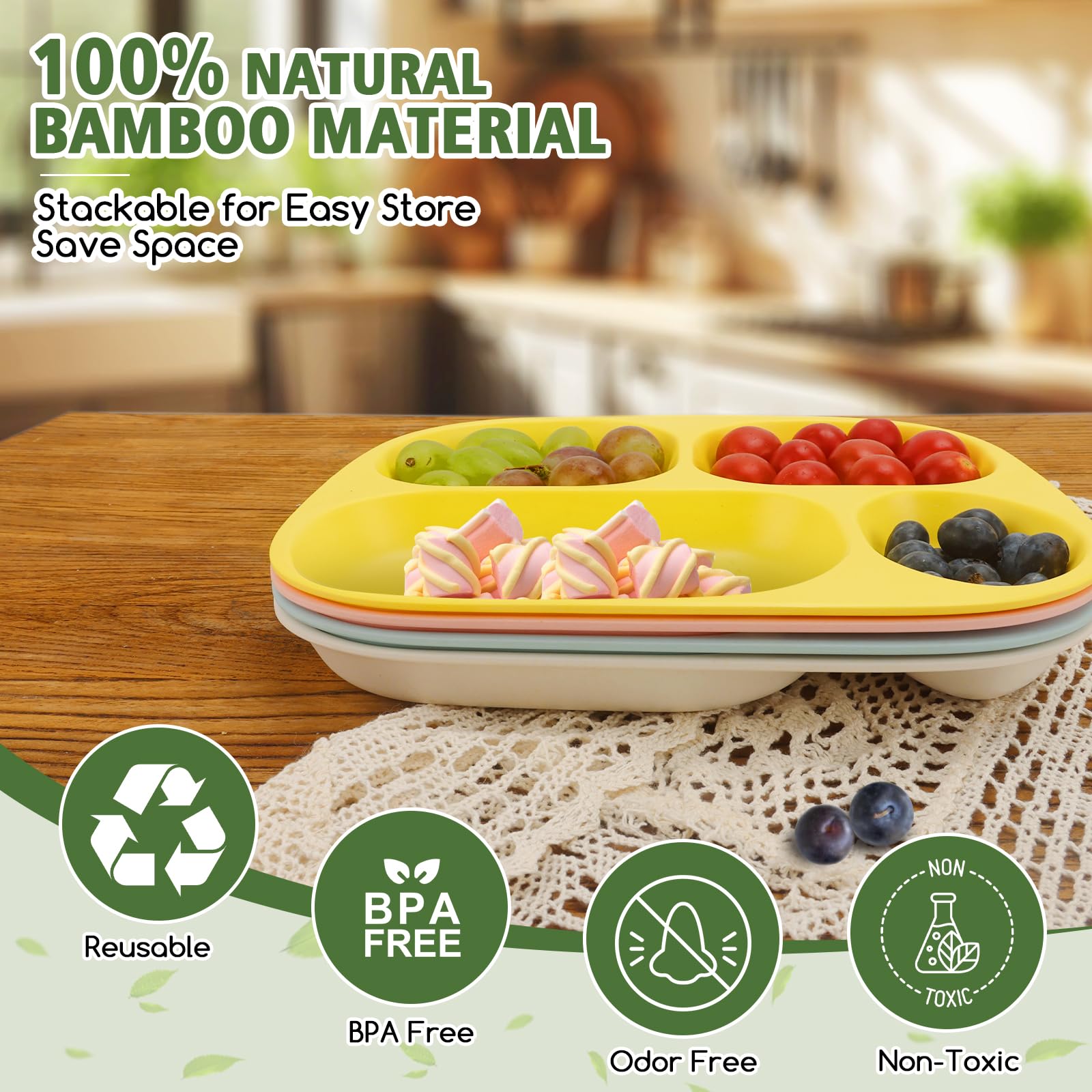 shopwithgreen bamboo divided plates stacked illustration of space-saving, stackable design for easy storage