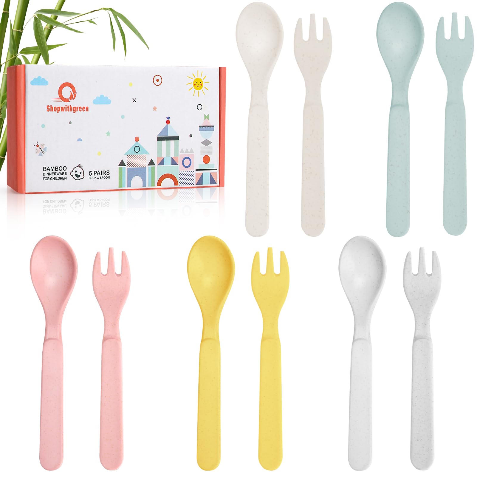 shopwithgreen bamboo toddler utensils set with spoons and forks for self-feeding.