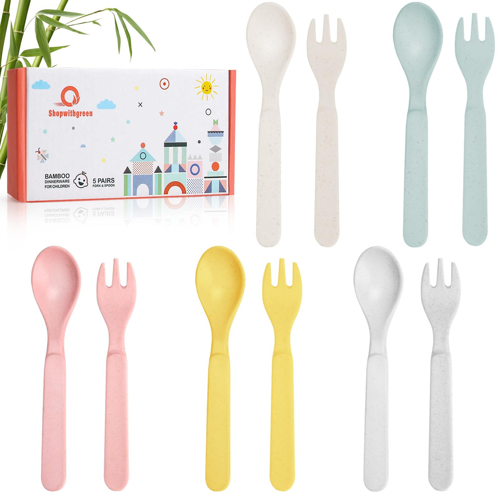 shopwithgreen bamboo toddler utensils set with spoons and forks for self-feeding.